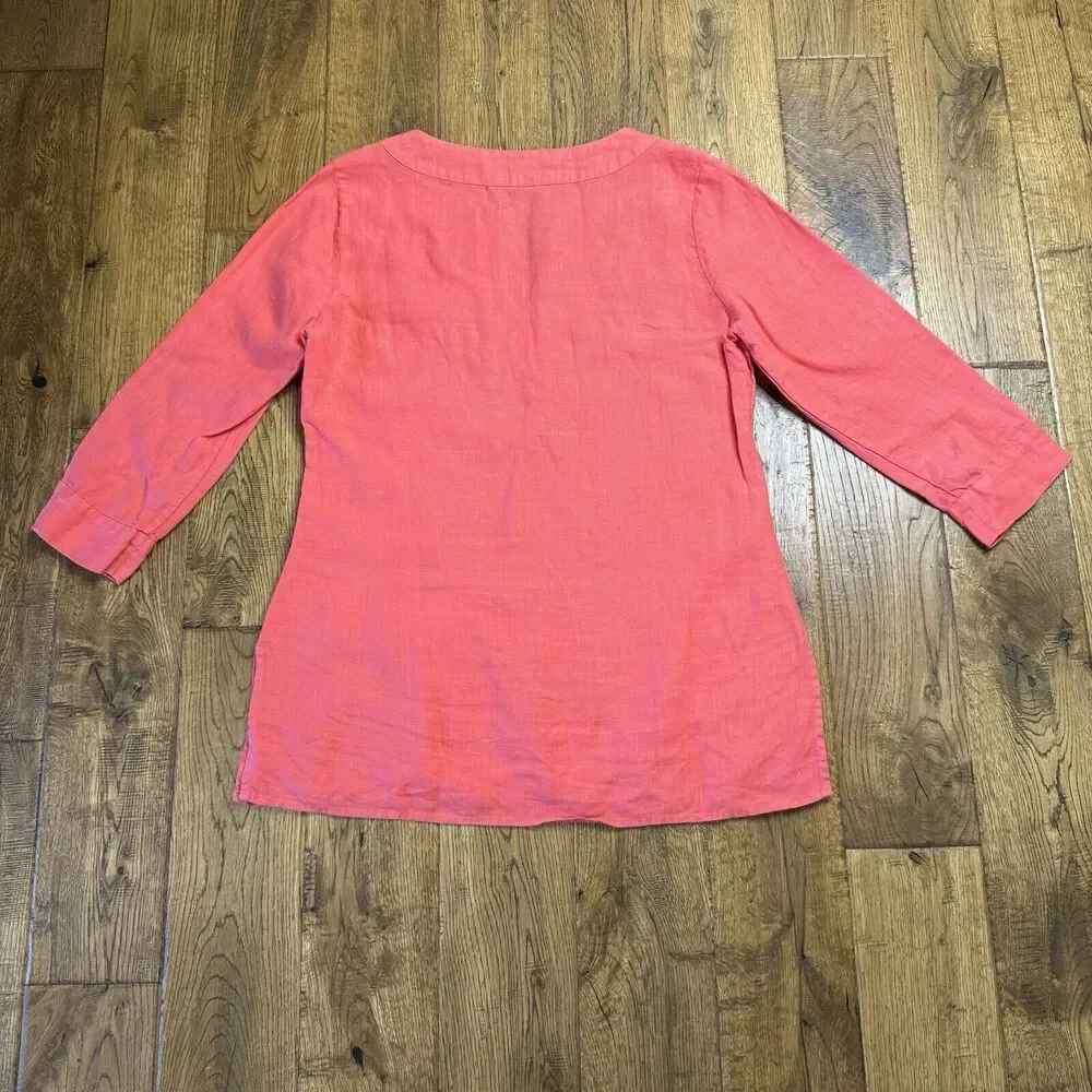 Tommy Bahama Coral Embroidered 100% Linen V-Neck 3/4 Sleeve Tunic Shirt Sz XS - Picture 6 of 6